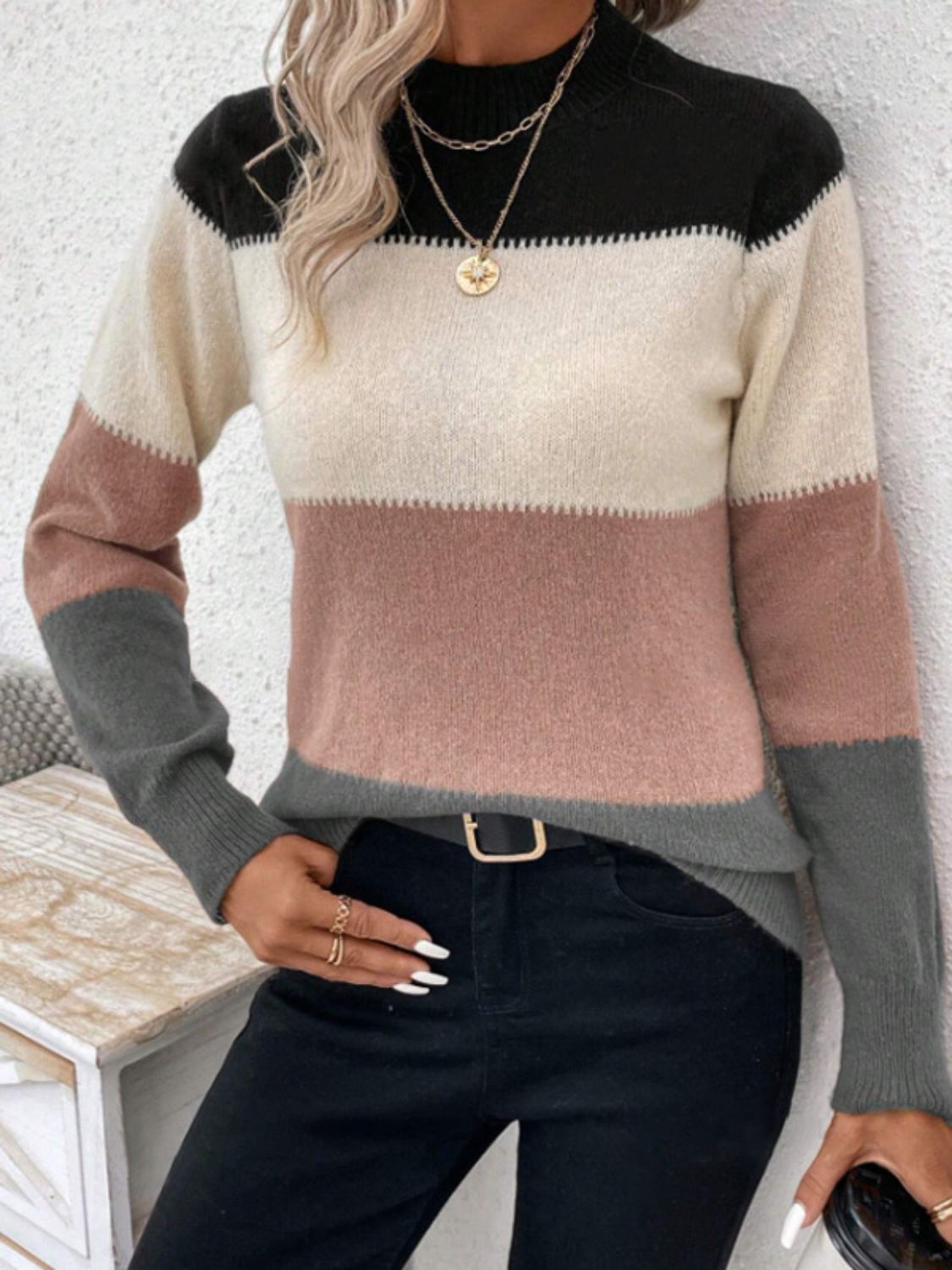 Color Block Mock Neck Long Sleeve Sweater - The Daily Makeover