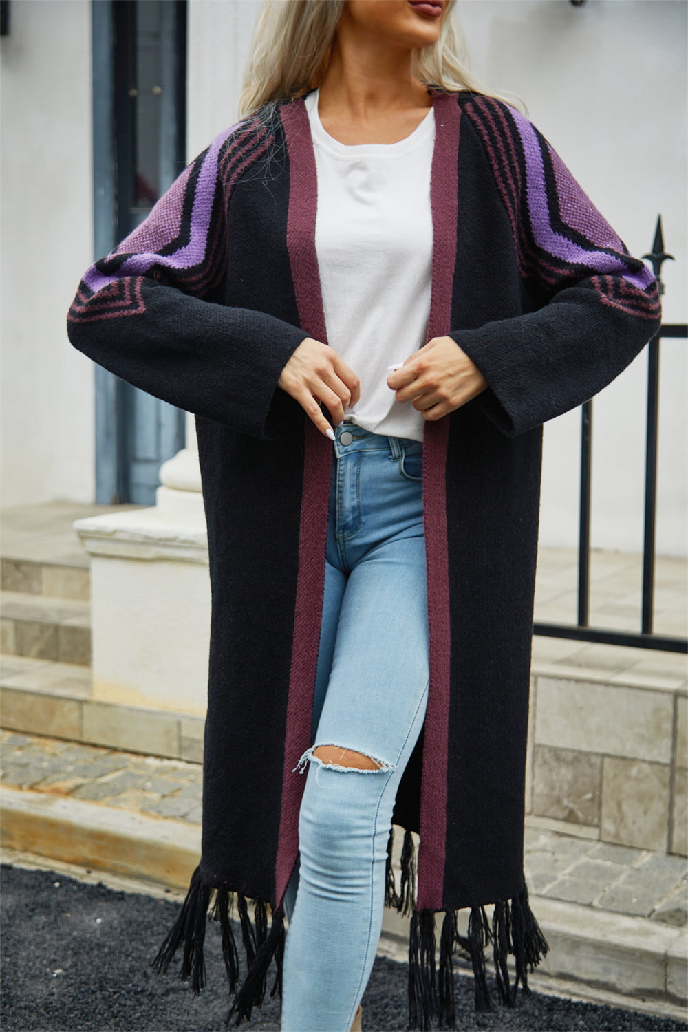 Angel Wings Geometric Fringe Hem Open Front Duster Cardigan - The Daily Makeover