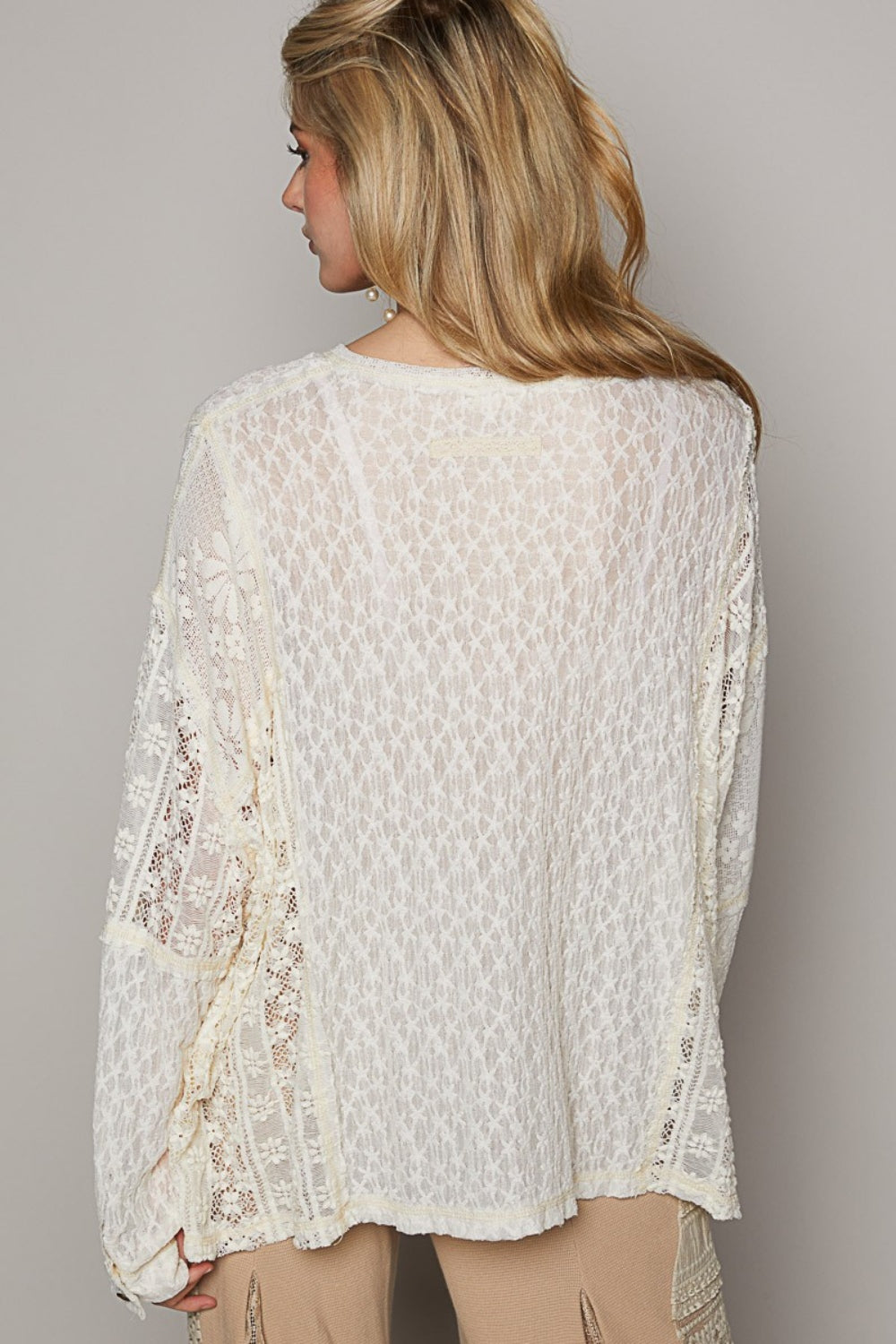 POL Round Neck Long Sleeve Raw Edge Lace Top - The Daily Makeover