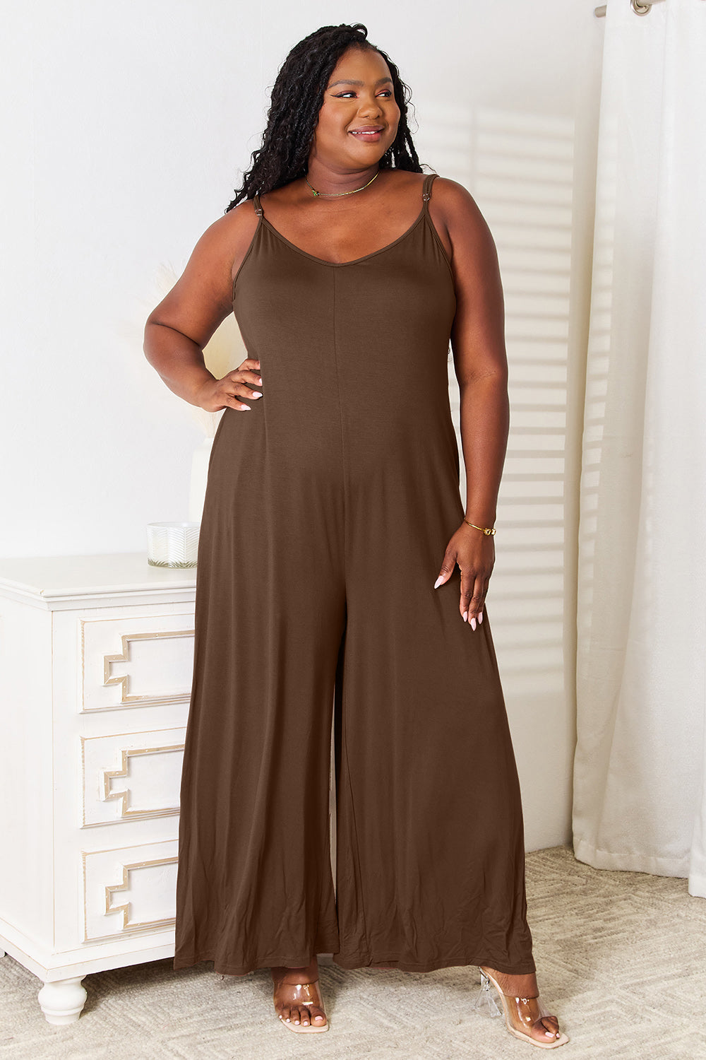 Double Take Full Size Soft Rayon Spaghetti Strap Tied Wide Leg Jumpsuit - The Daily Makeover