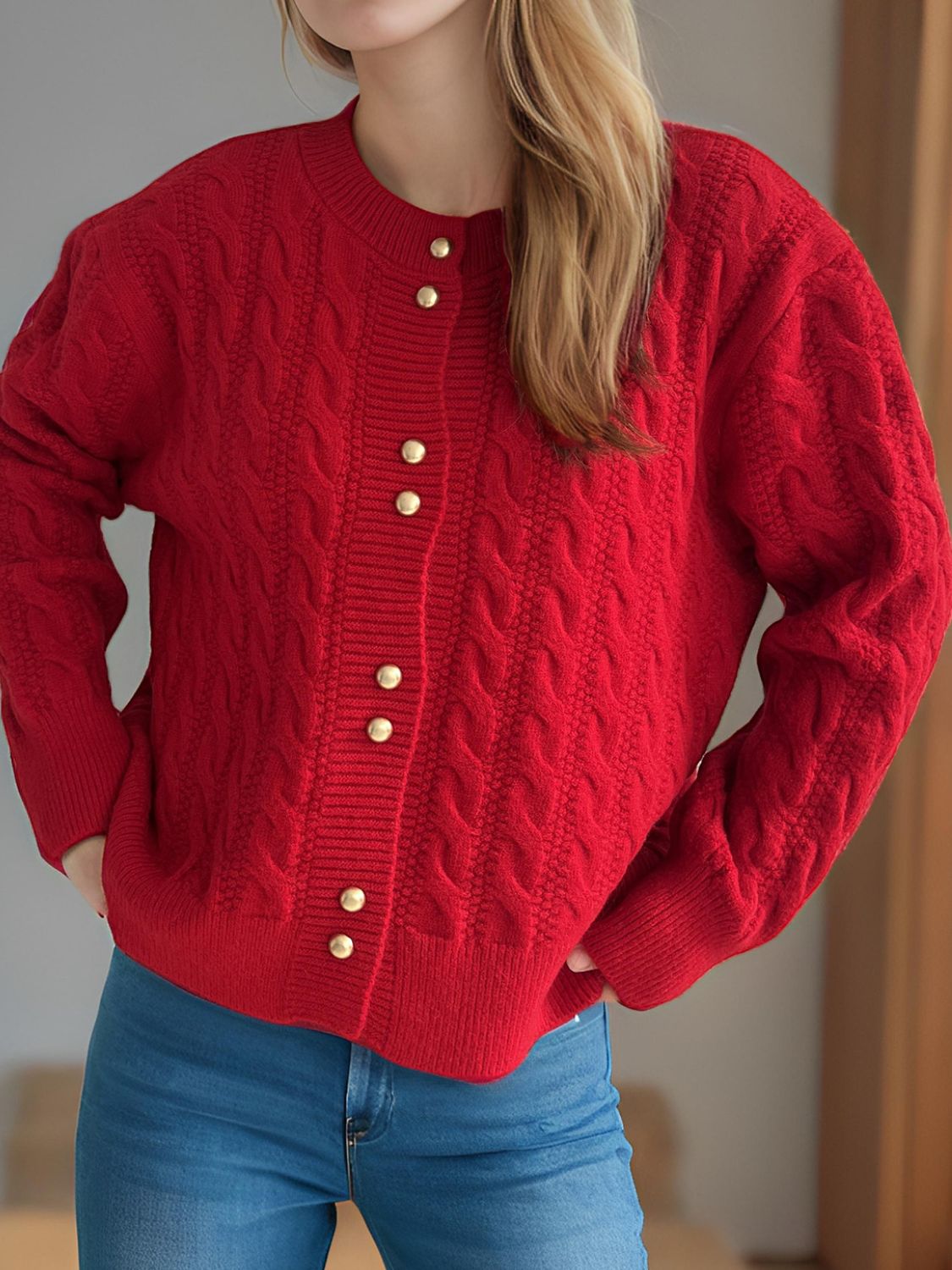 Cable-Knit Round Neck Long Sleeve Cardigan - The Daily Makeover