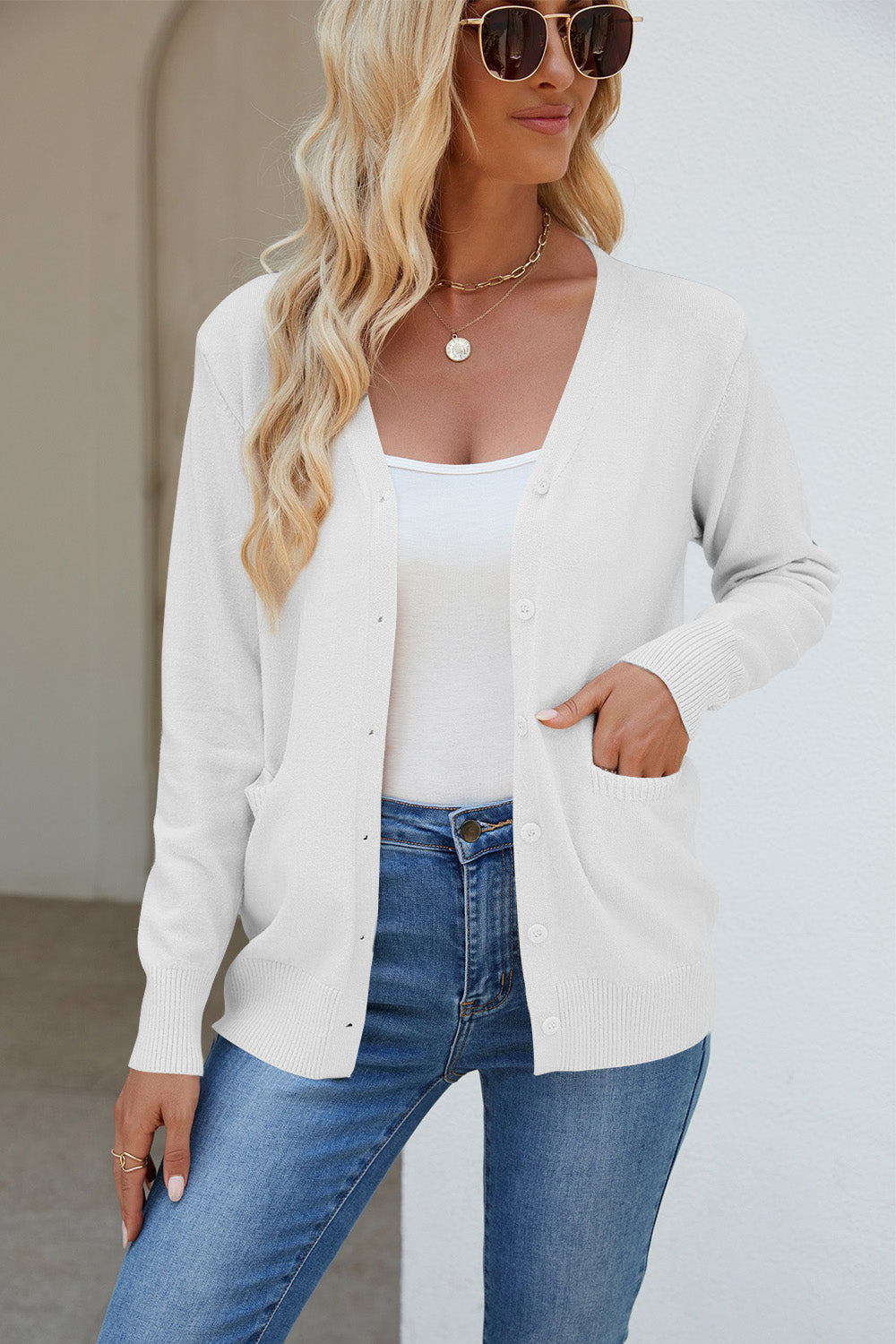 Pocketed V-Neck Button Up Long Sleeve Cardigan - The Daily Makeover