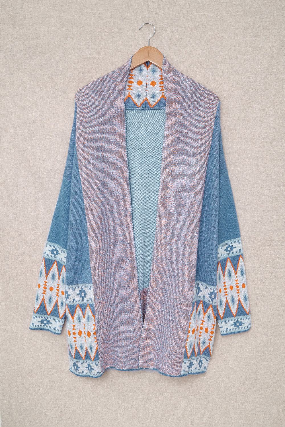 Blue Geometric Print Open Front Knit Cardigan - The Daily Makeover