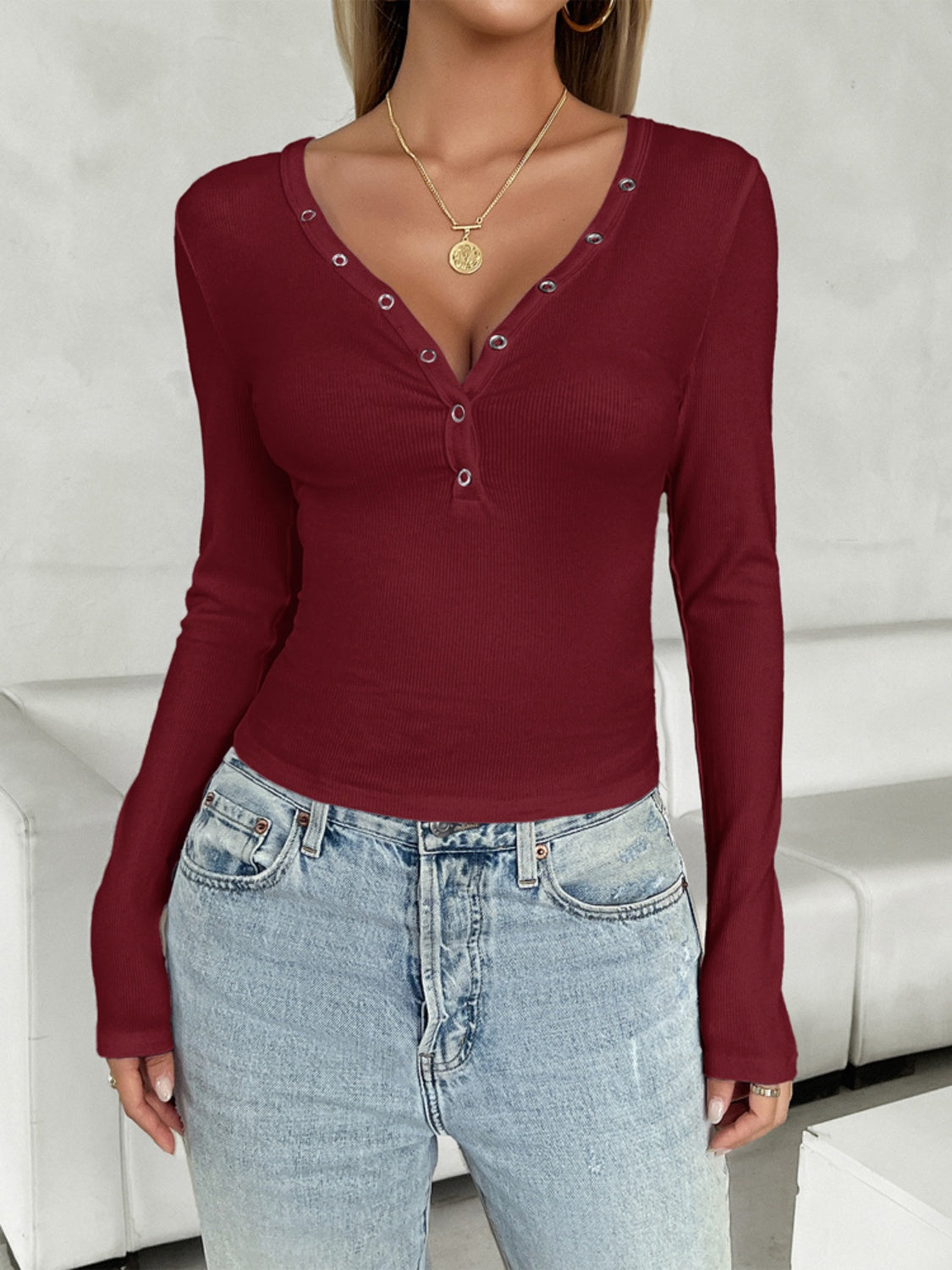 V-Neck Long Sleeve T-Shirt - The Daily Makeover