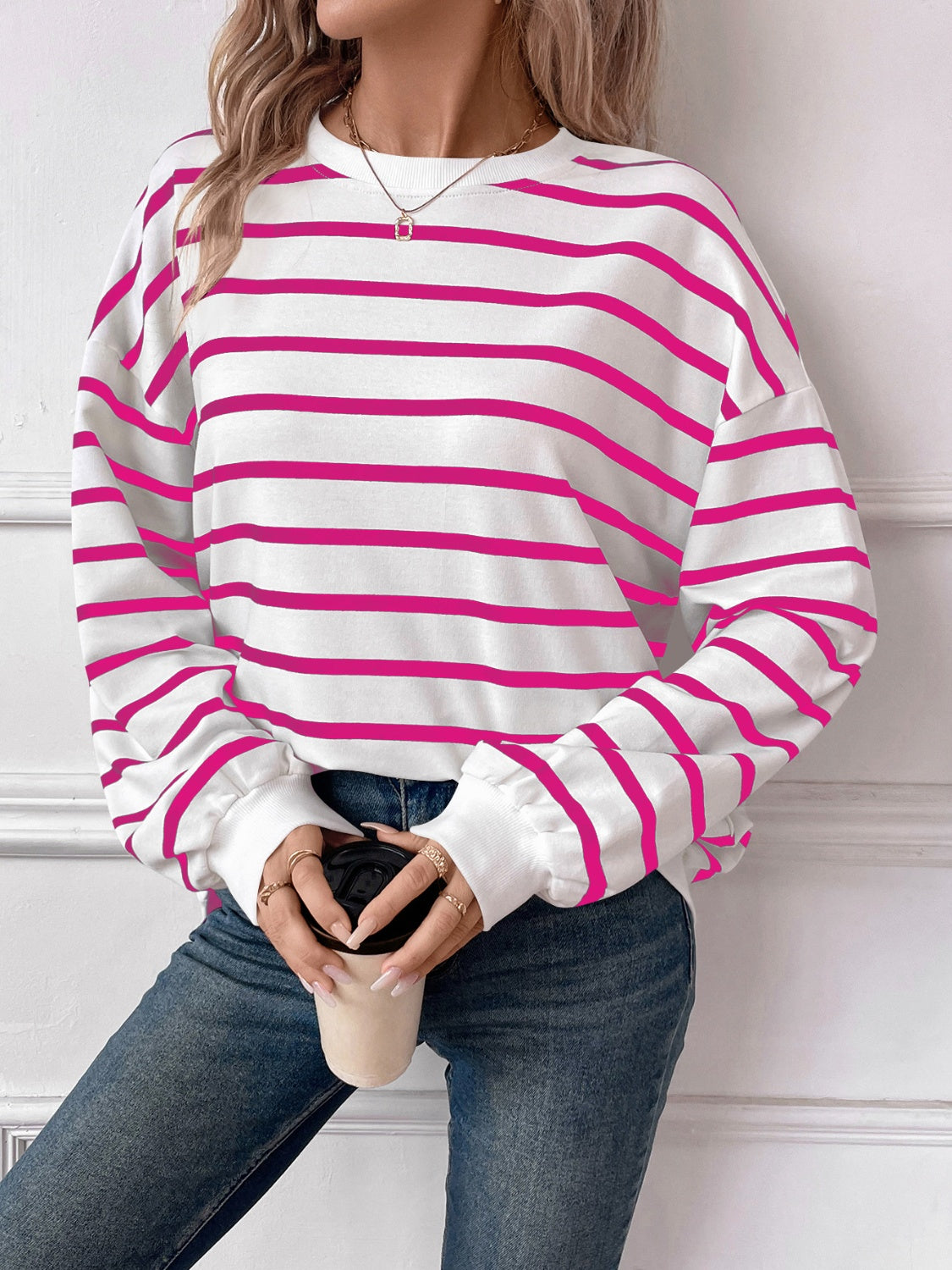 Striped Round Neck Long Sleeve Sweatshirt - The Daily Makeover