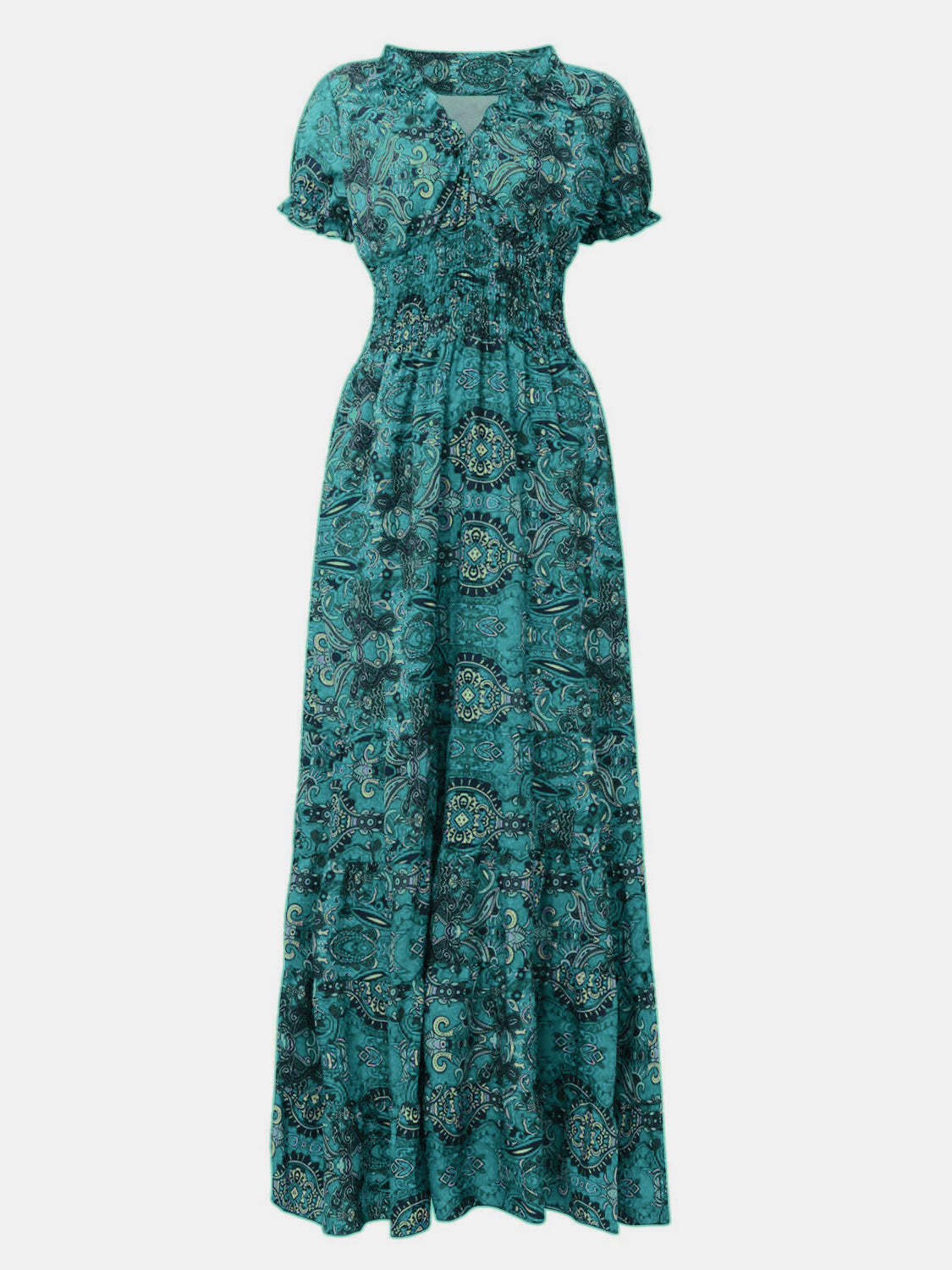 Full Size Smocked Printed V-Neck Short Sleeve Dress - The Daily Makeover
