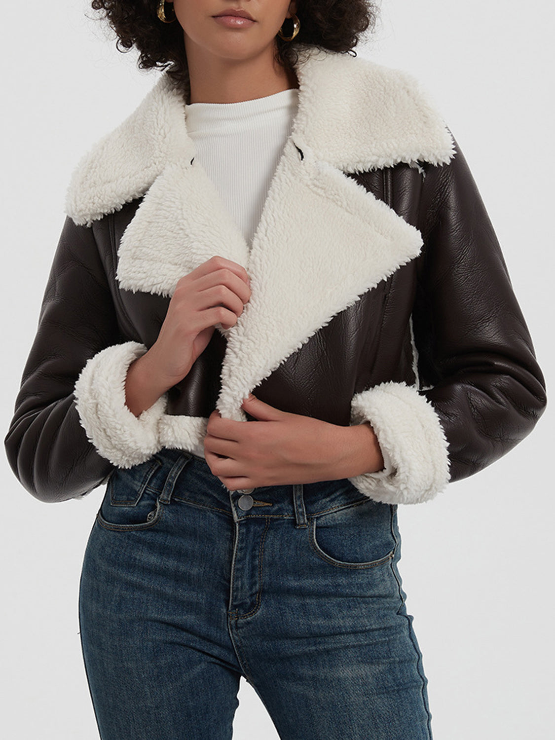 Collared Neck Long Sleeve Plush Cropped Jacket - The Daily Makeover
