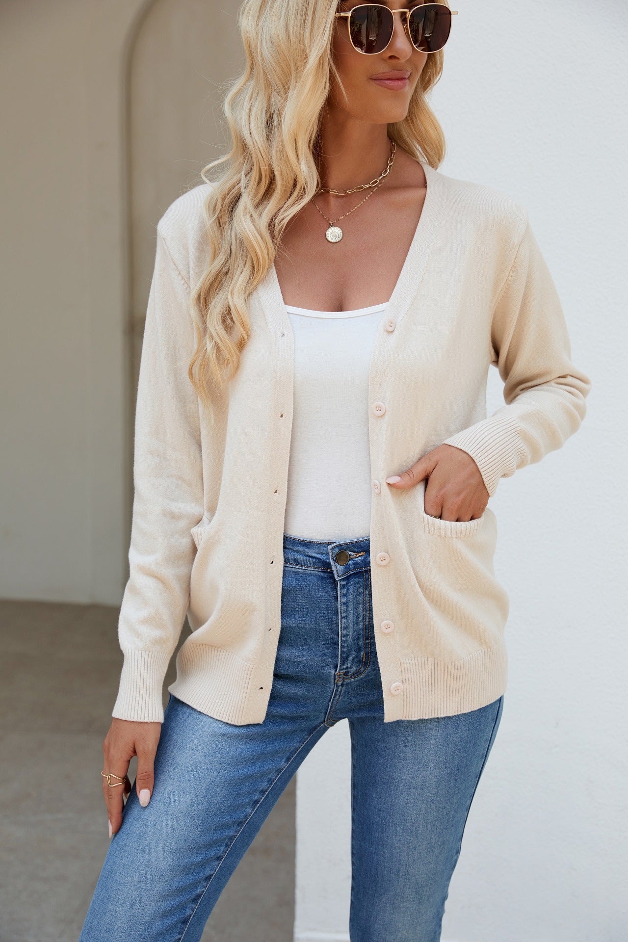 Pocketed V-Neck Button Up Long Sleeve Cardigan - The Daily Makeover
