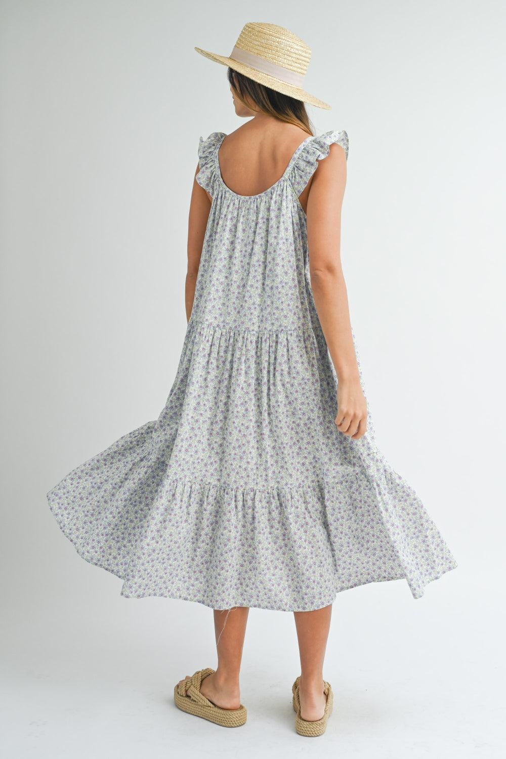 MABLE Floral Ruffle Shoulder Tiered Midi Dress - The Daily Makeover