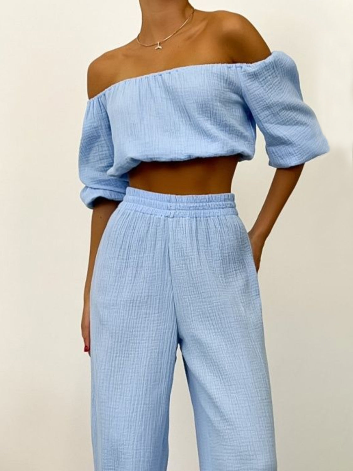 Off Shoulder Long Sleeve Top and Pants Set - The Daily Makeover