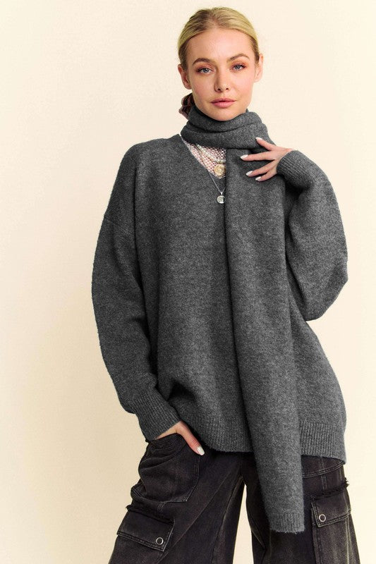 Davi & Dani V-Neck Dropped Shoulder Sweater with Scarf Set - The Daily Makeover