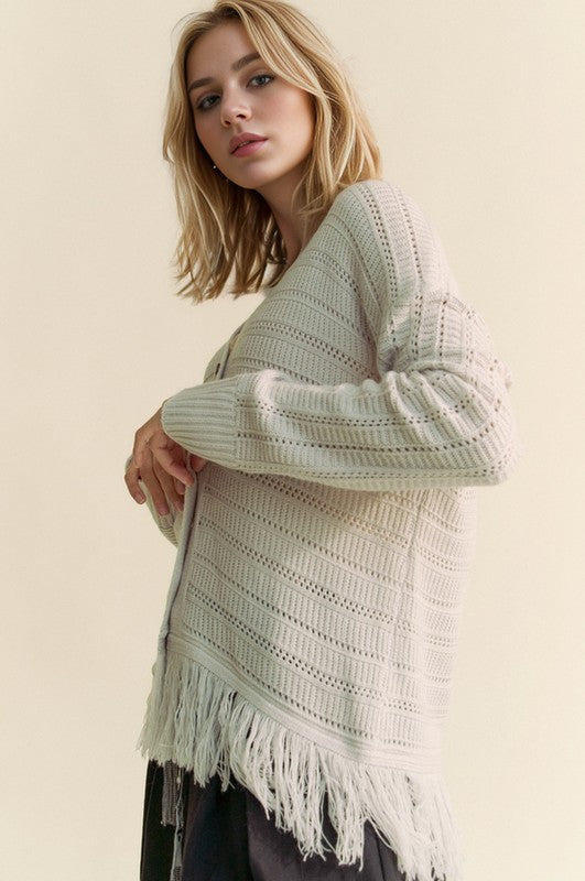 Davi & Dani Fringe V-Neck Button Up Long Sleeve Cardigan - The Daily Makeover