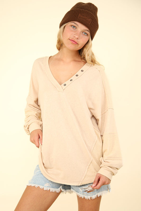 VERY J Washed V-Neck Exposed Seam Knit Top - The Daily Makeover