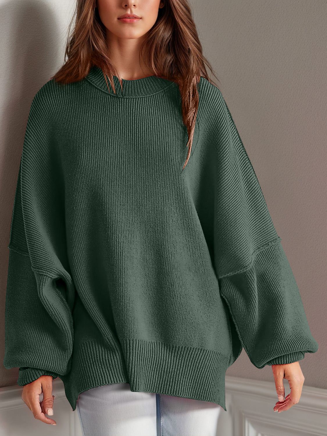 Double Take Side Slit Round Neck Long Sleeve Sweater - The Daily Makeover