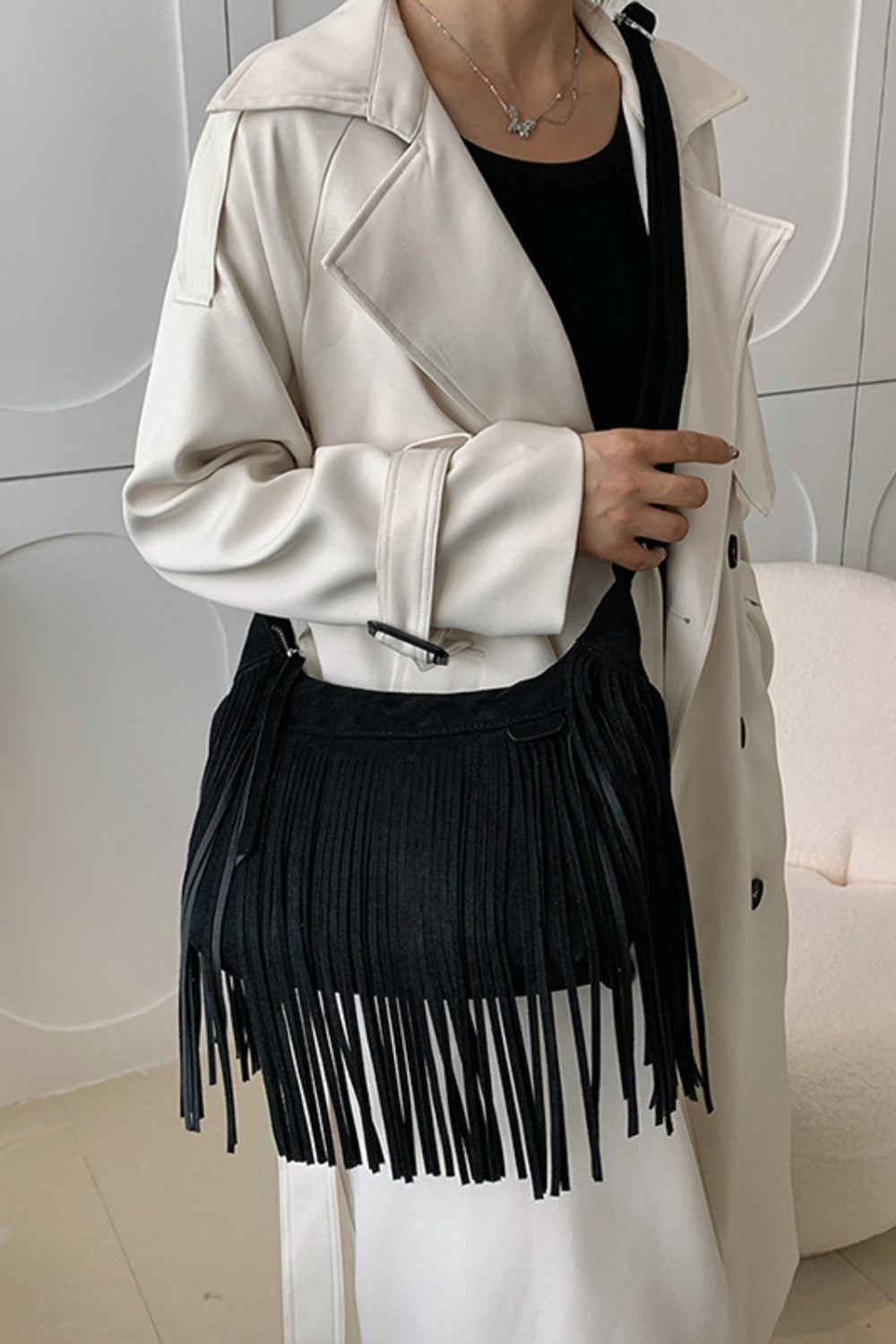 Suede Fringe Adjustable Strap Shoulder Bag - The Daily Makeover