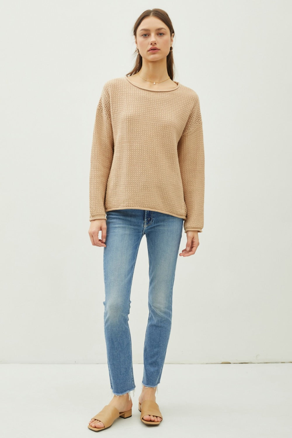 Be Cool Rolled Openwork Round Neck Sweater - The Daily Makeover