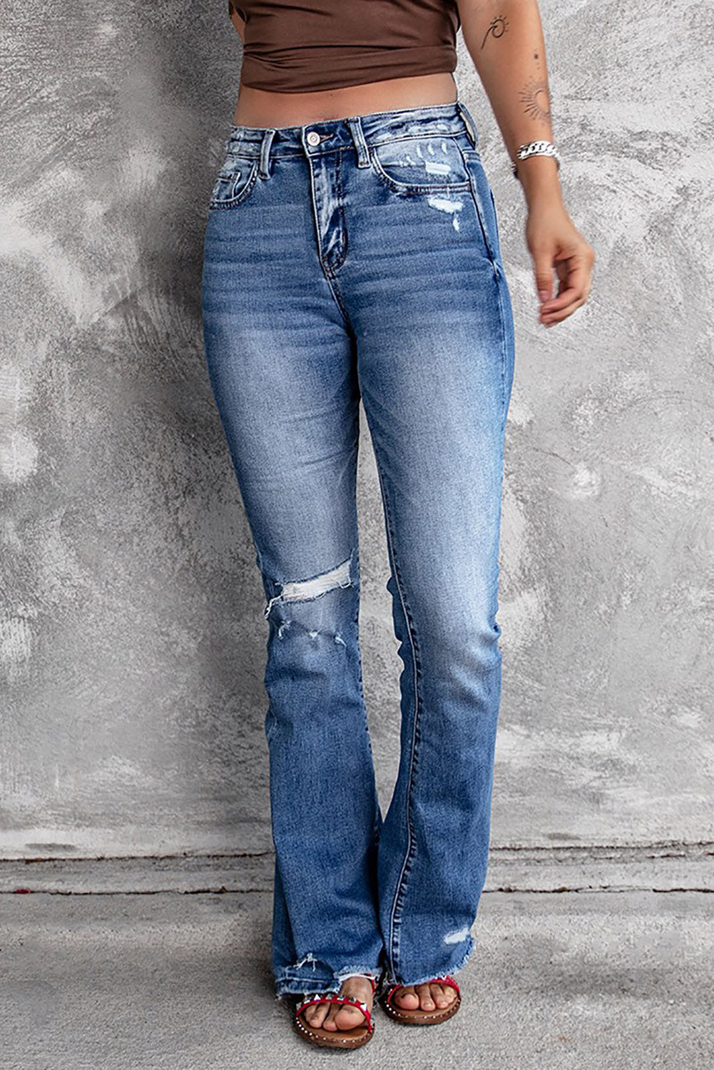 Dark Blue Ripped Raw Hem High Waist Flare Jeans - The Daily Makeover