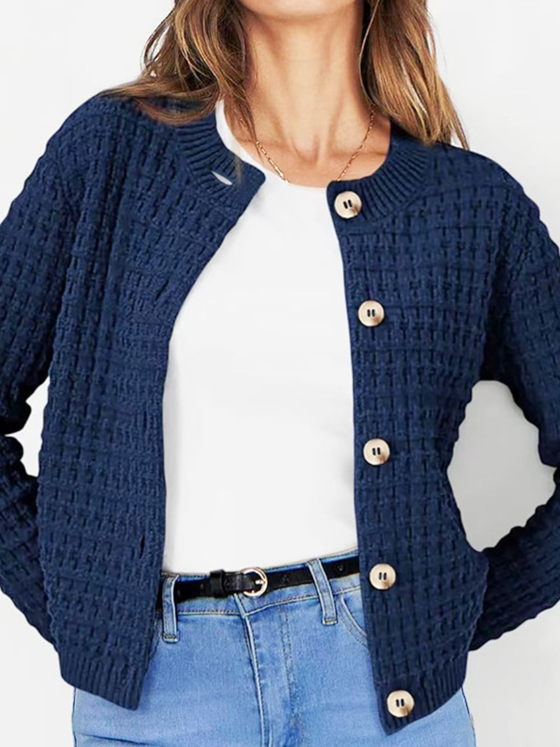 Button Up Round Neck Long Sleeve Cardigan - The Daily Makeover