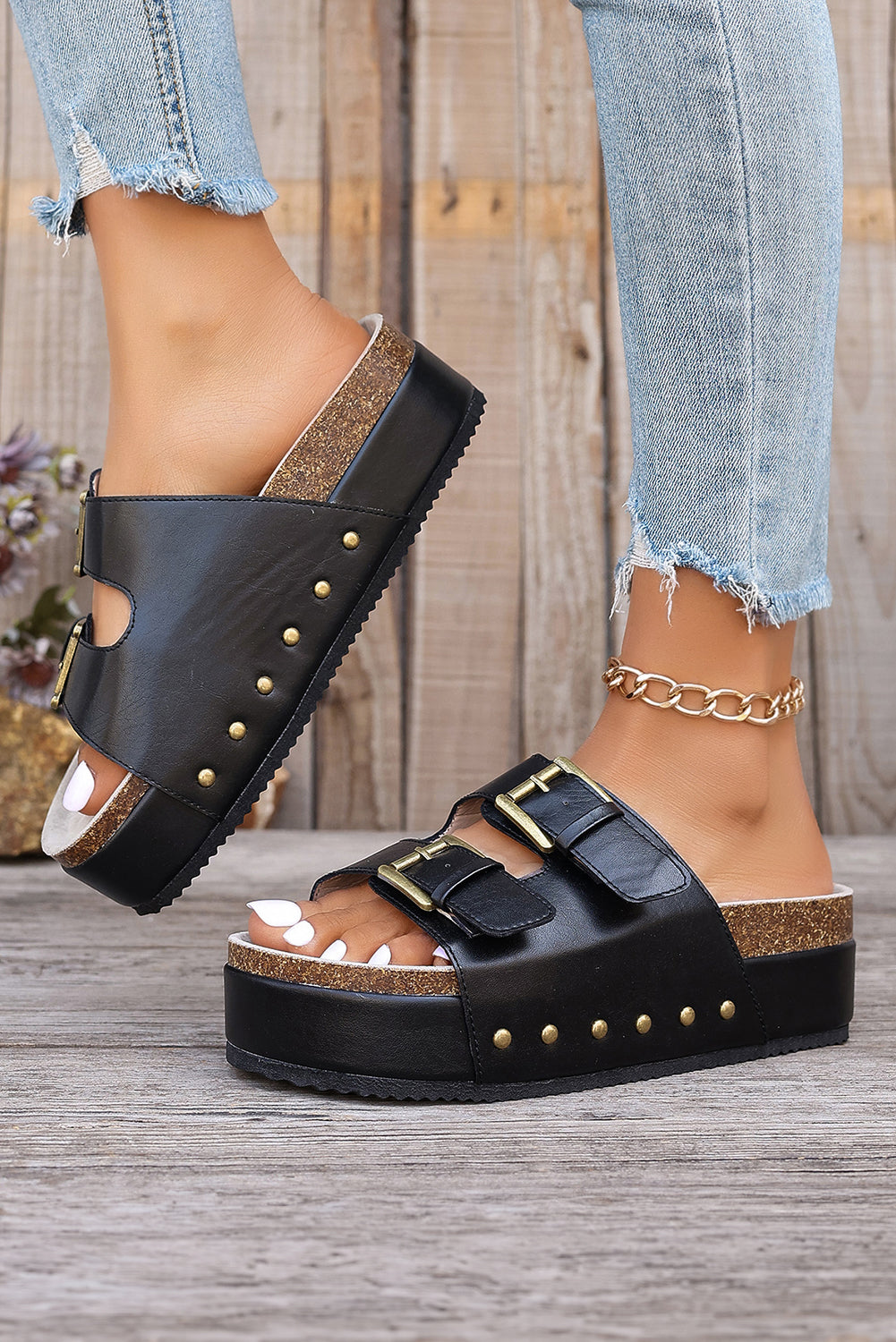 Chestnut Dual Buckle Studded Vintage Platform Slides Shoes - The Daily Makeover