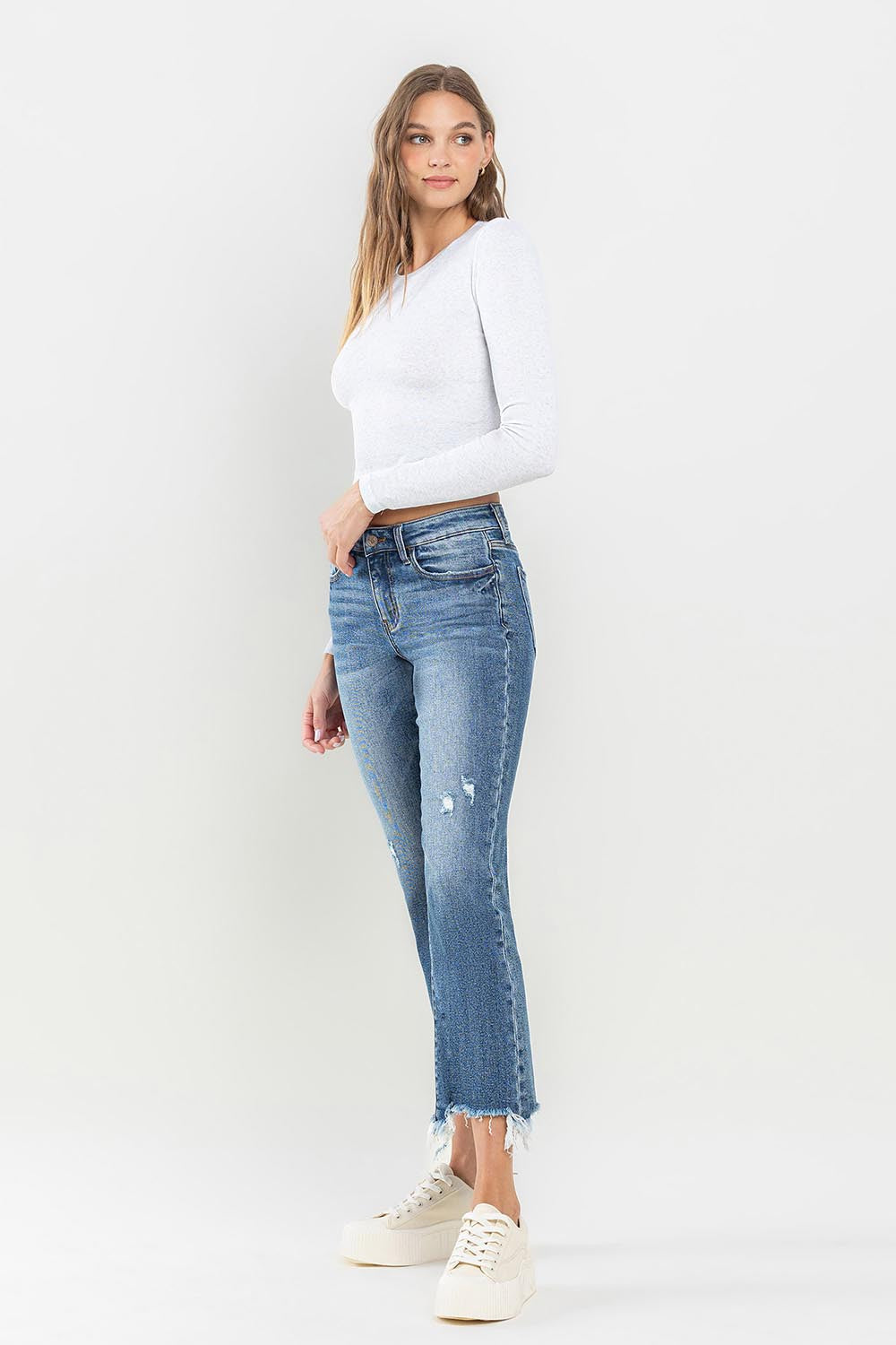 Lovervet Mid Rise Frayed Hem Jeans - The Daily Makeover