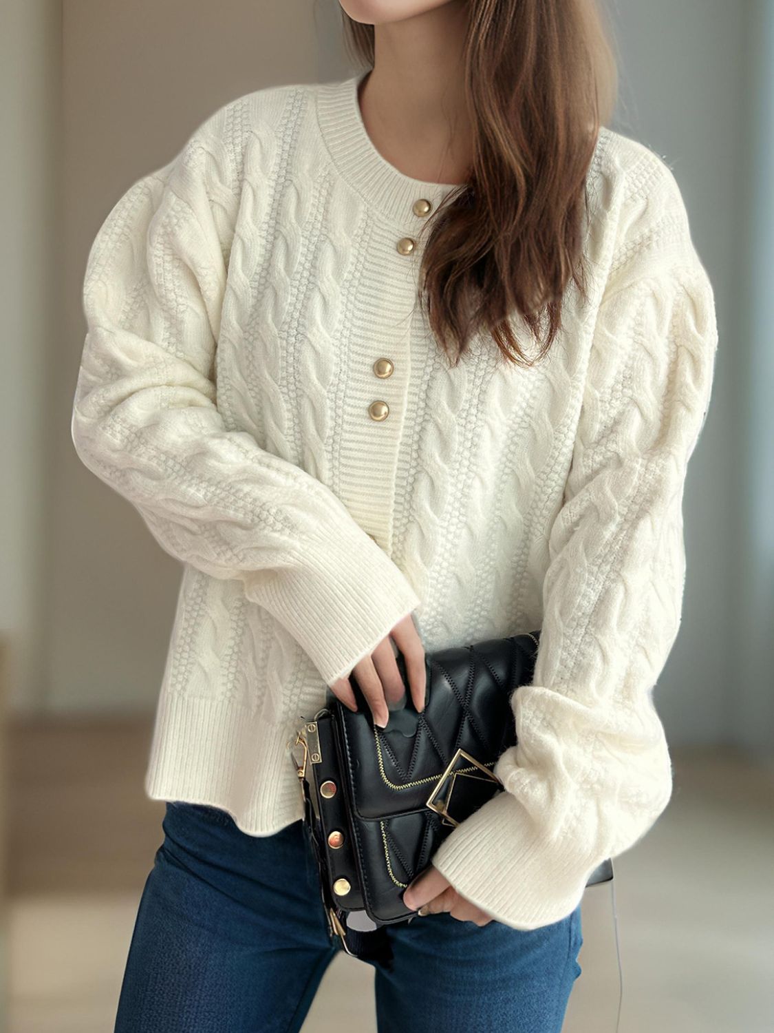 Cable-Knit Round Neck Long Sleeve Cardigan - The Daily Makeover