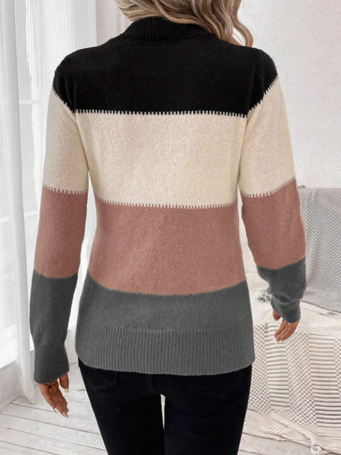 Color Block Mock Neck Long Sleeve Sweater - The Daily Makeover