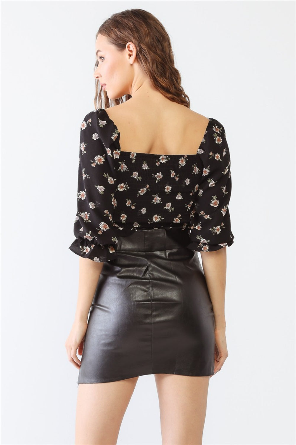 Miss Love / Kevin Co. Floral Ruffle Smocked Back Ruched Crop Top - The Daily Makeover