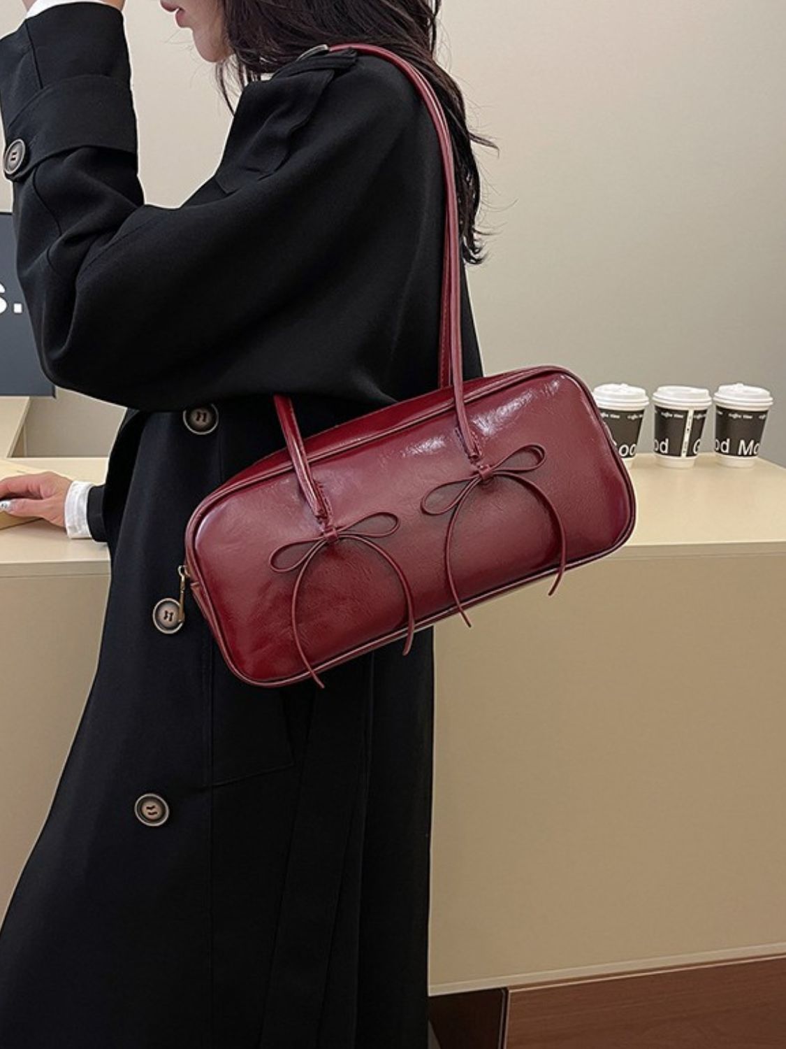PU Leather Bow Trim Shoulder Bag - The Daily Makeover