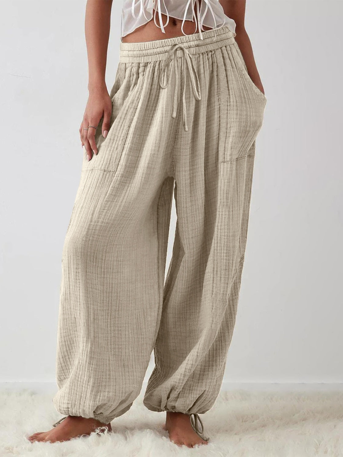 Textured Tied Pants with Pockets - The Daily Makeover