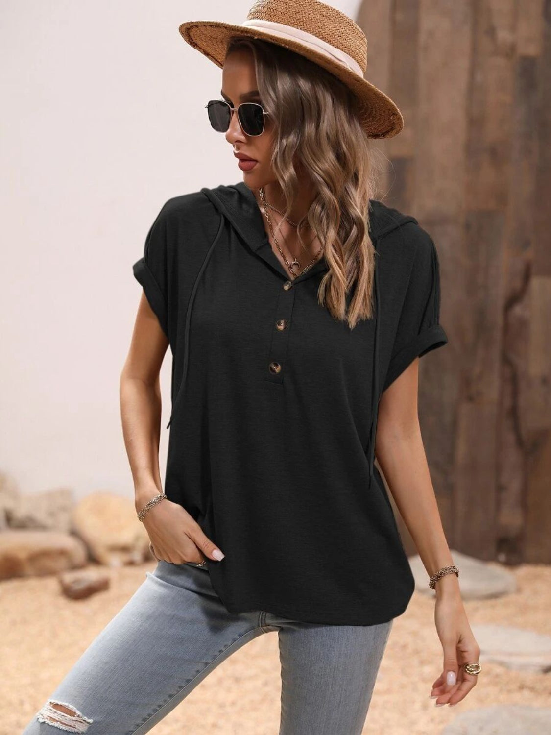 Half Button Hooded Short Sleeve Blouse - The Daily Makeover