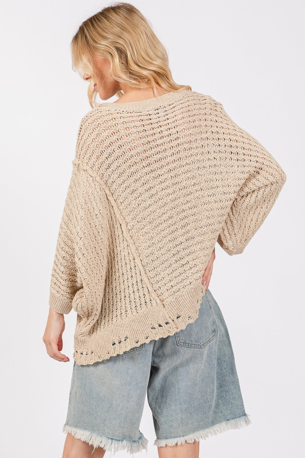 SAGE + FIG Distressed Asymmetrical Open Stitch Sweater - The Daily Makeover