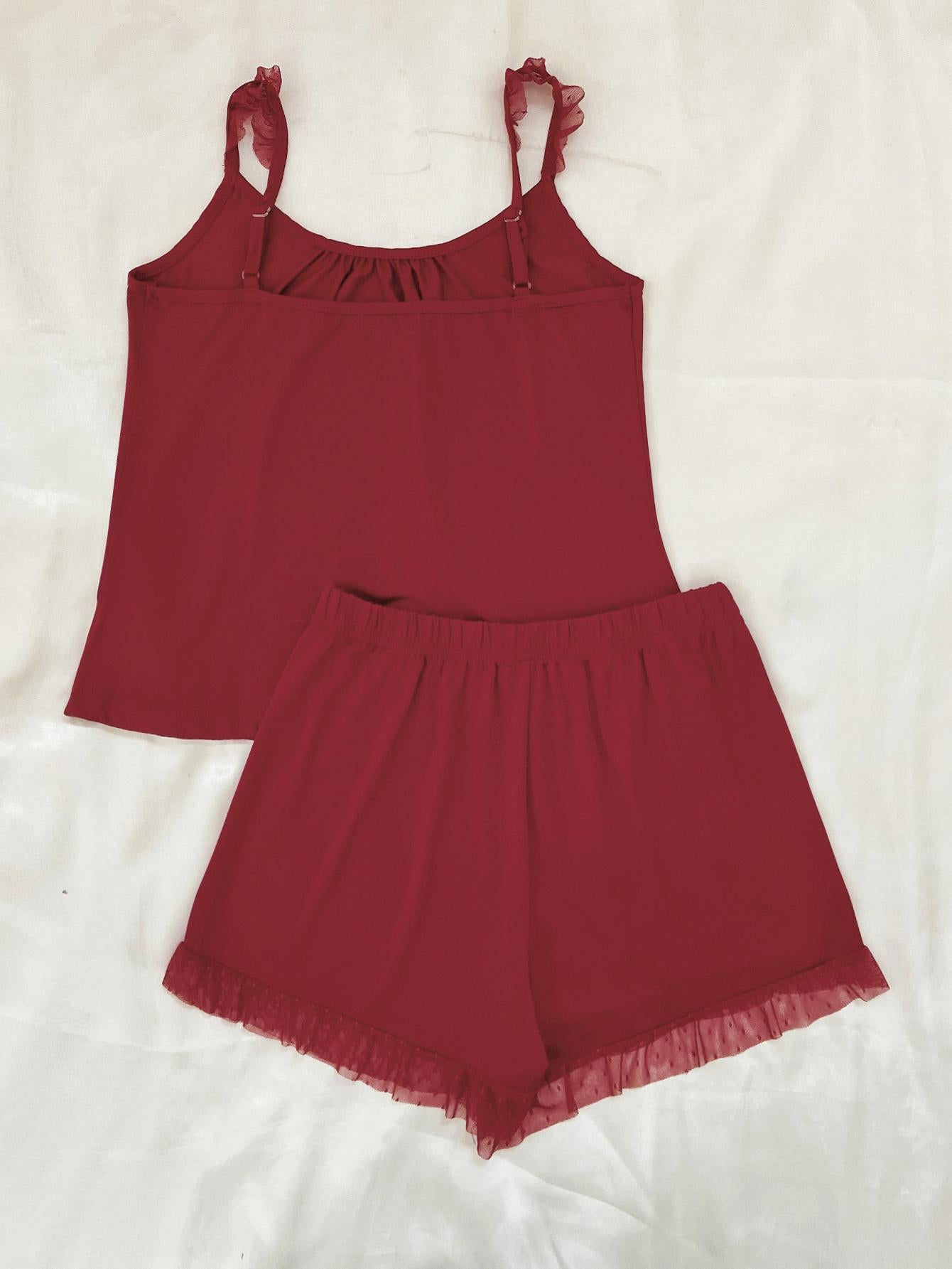 Gathered Detail Spliced Mesh Sleeveless Top and Shorts Lounge Set - The Daily Makeover