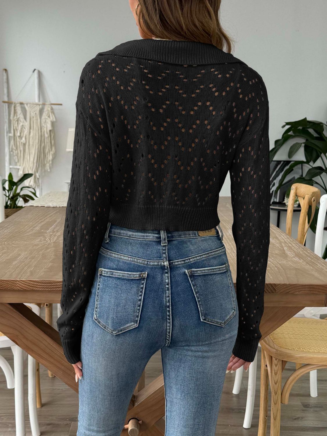 Openwork Collared Neck Long Sleeve Knit Top - The Daily Makeover