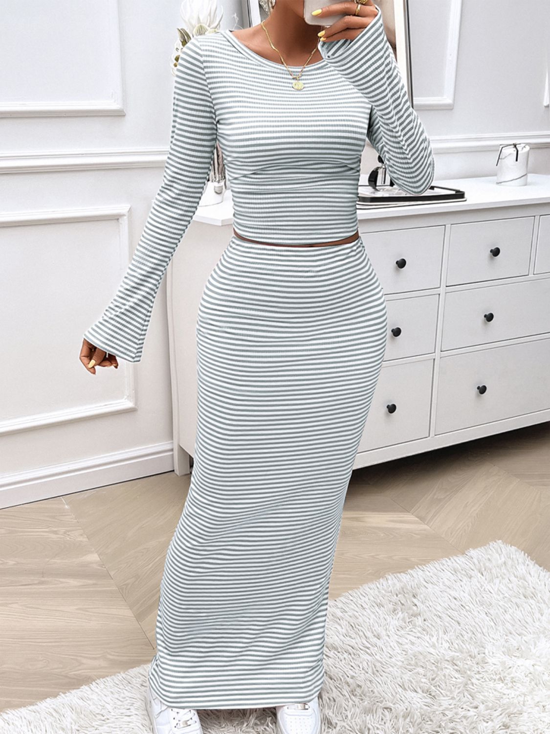 Striped Boat Neck Top and Skirt Set - The Daily Makeover