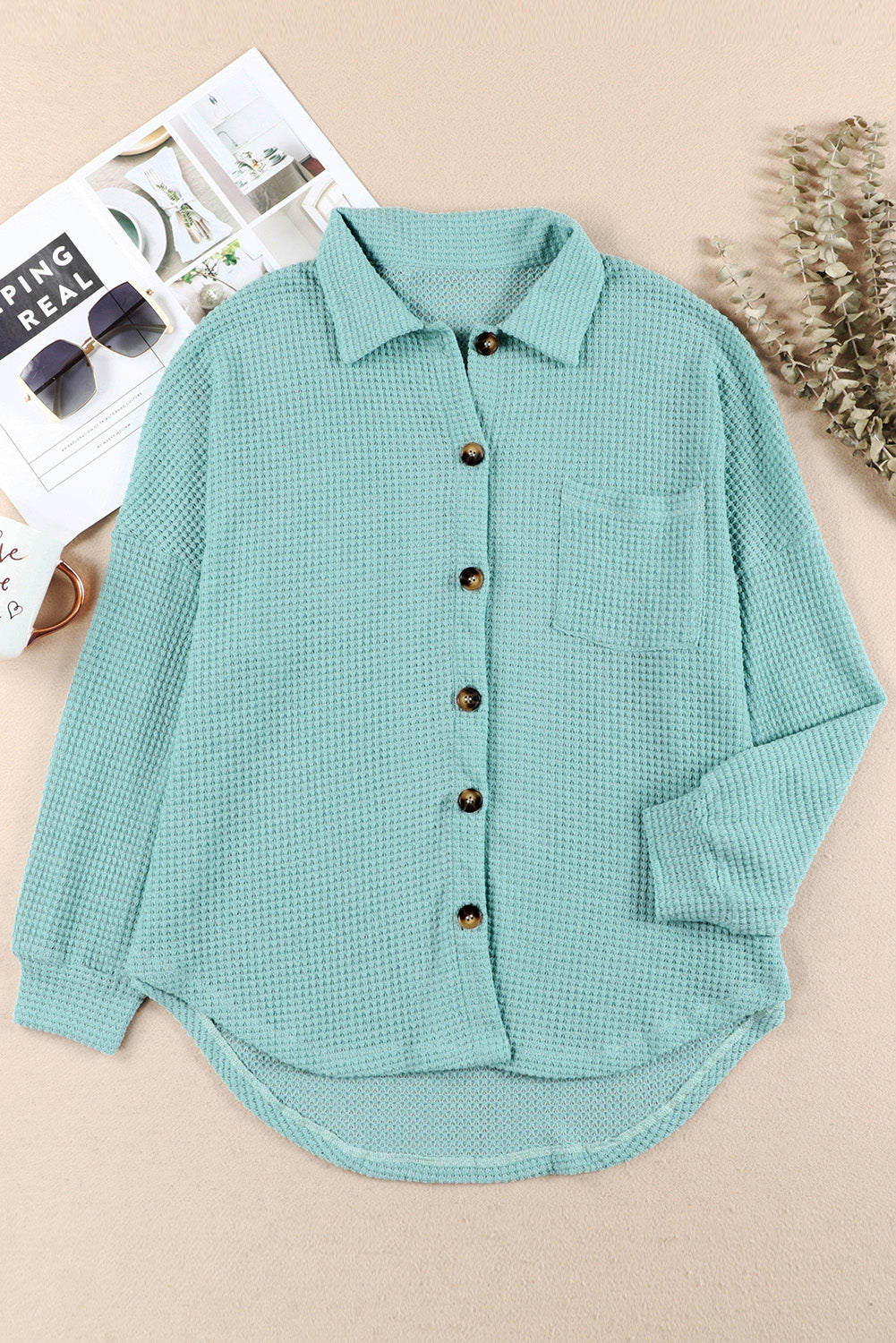 Waffle-Knit Collared Neck Long Sleeve Shirt - The Daily Makeover