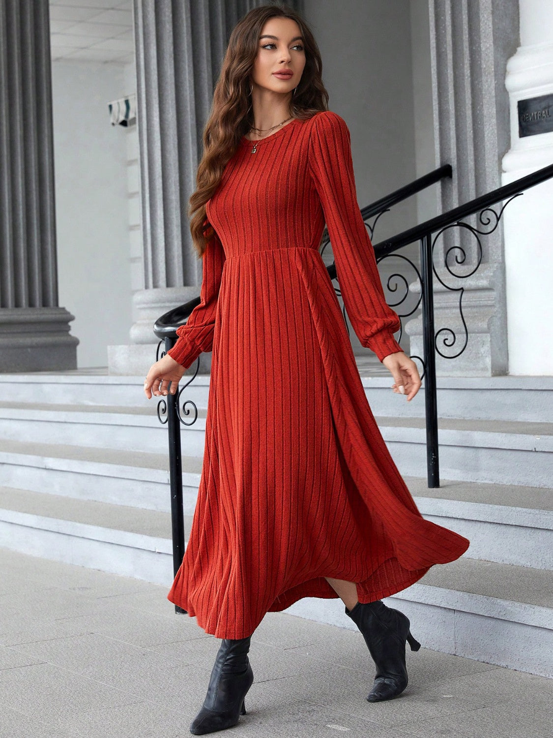 Ribbed Round Neck Long Sleeve Dress - The Daily Makeover