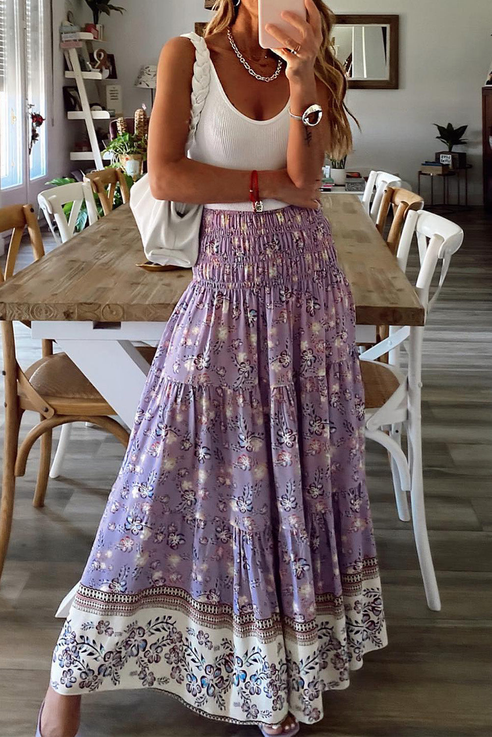 Purple Floral Print Shirred High Waist Maxi Skirt - The Daily Makeover