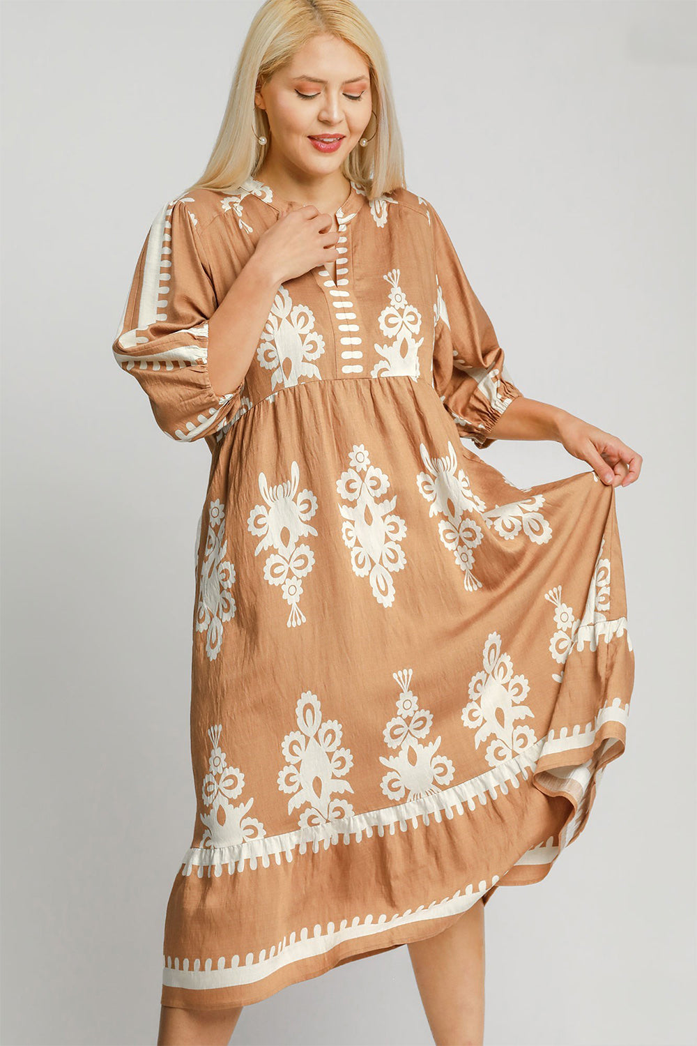 Umgee Full Size Printed Notched Midi Dress - The Daily Makeover