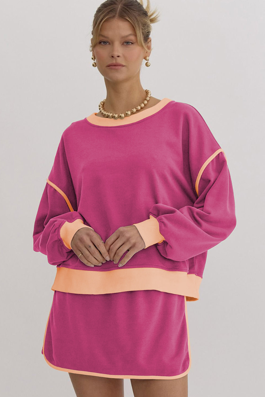 Evergreen Contrast Trim Loose Pullover and Lace-up Waist Skort Set - The Daily Makeover