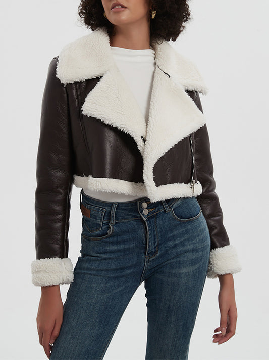 Collared Neck Long Sleeve Plush Cropped Jacket - The Daily Makeover