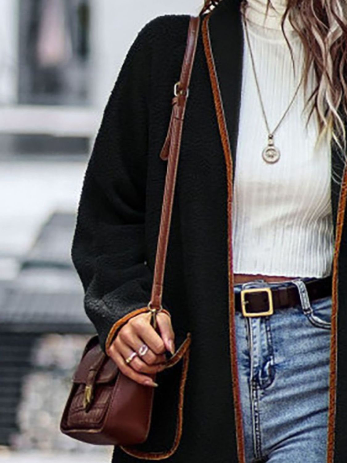 Full Size Contrast Trim Long Sleeve Coat with Pockets - The Daily Makeover