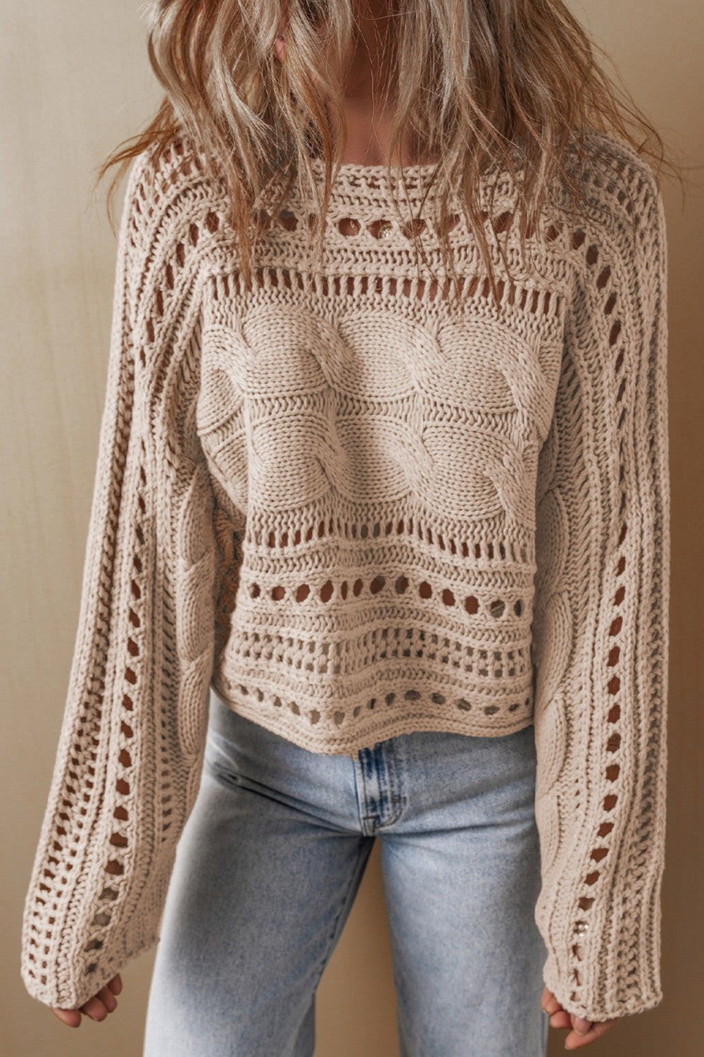 Cable-Knit Openwork Long Sleeve Sweater - The Daily Makeover