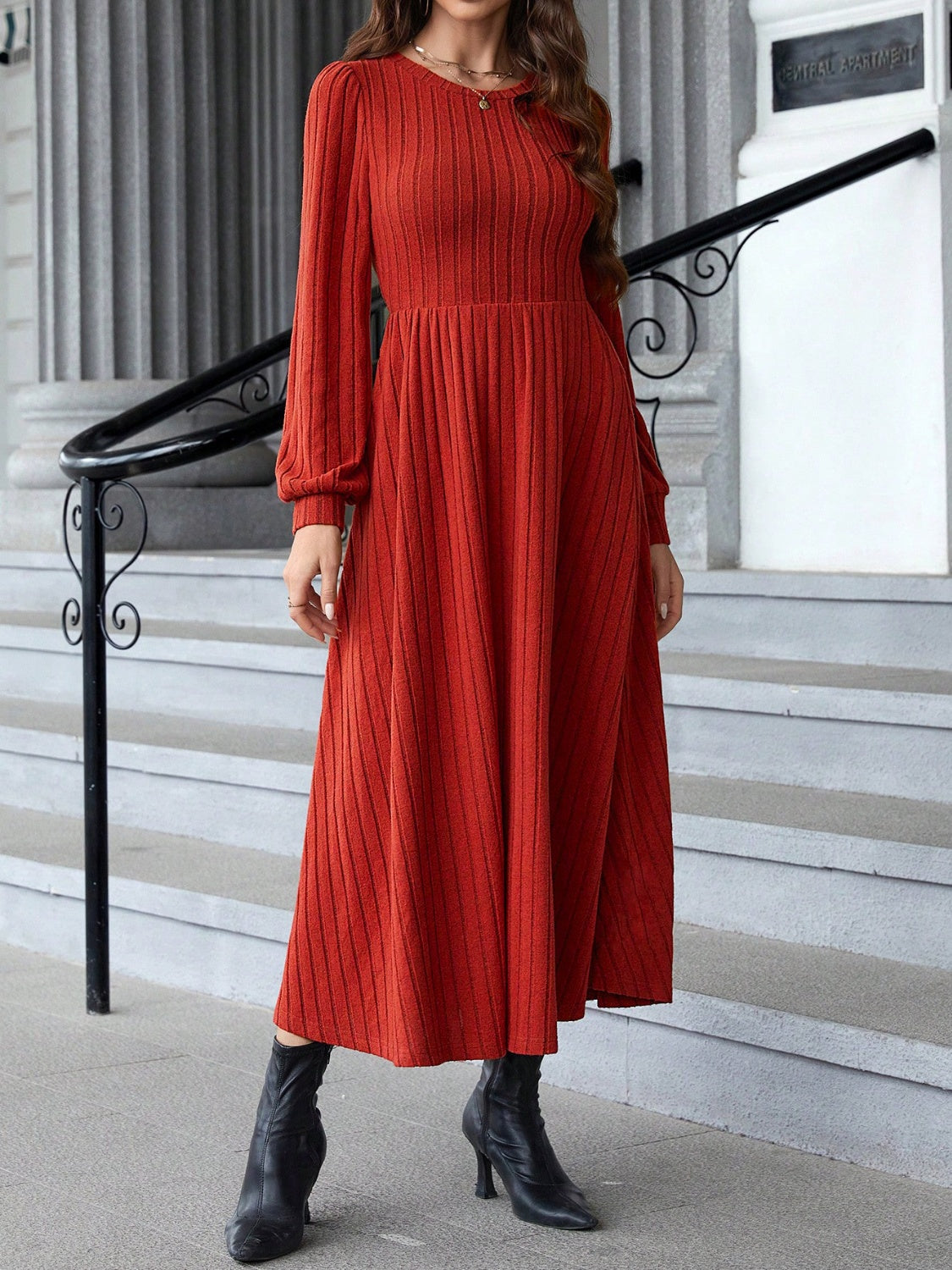 Ribbed Round Neck Long Sleeve Dress - The Daily Makeover