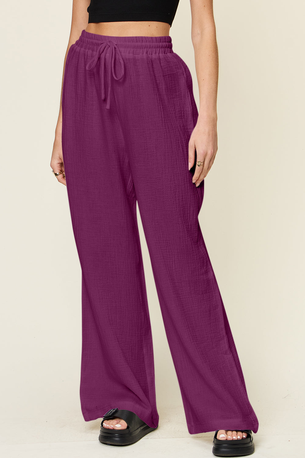 Double Take Full Size Texture Drawstring Wide Leg Pants - The Daily Makeover