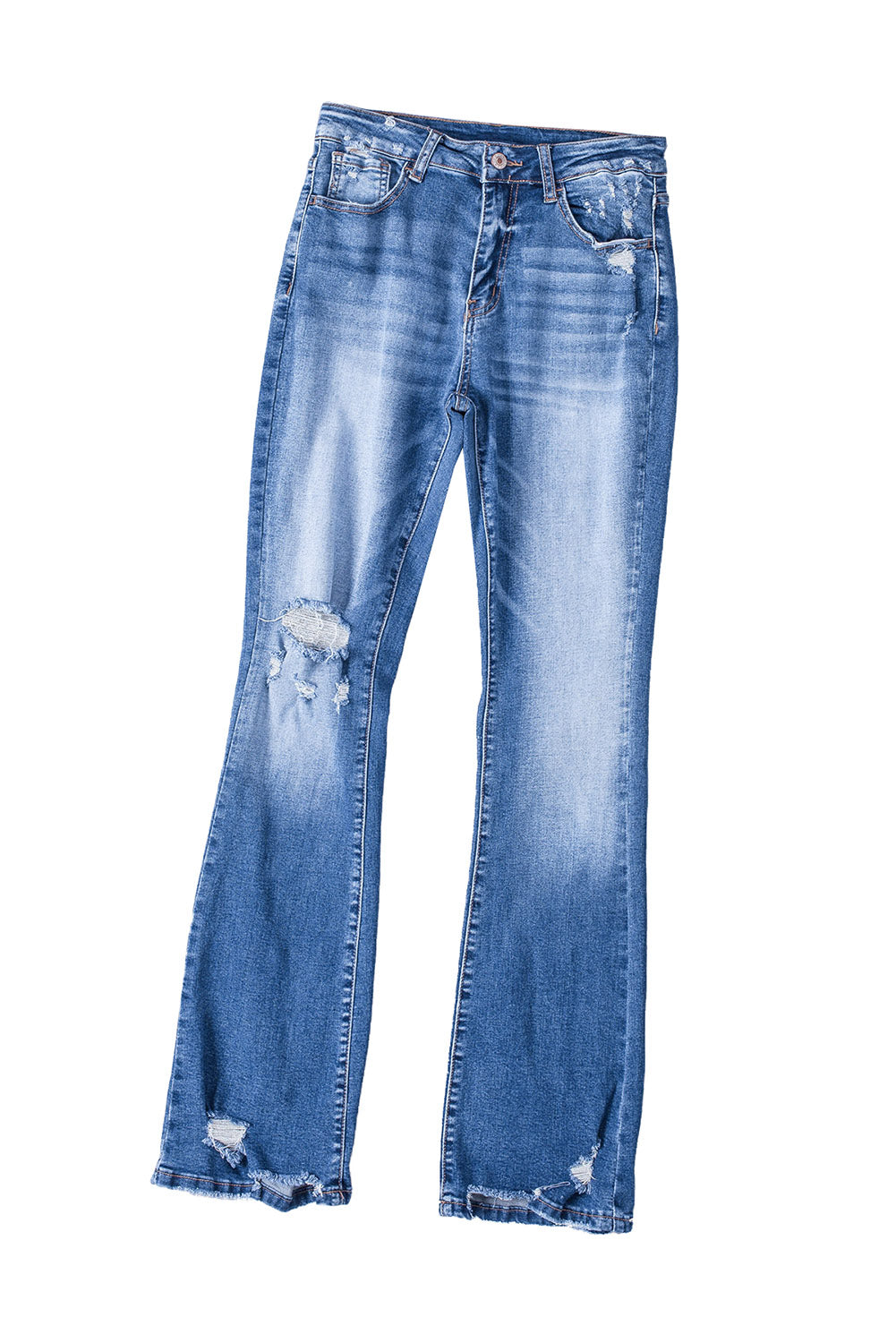 Dark Blue Ripped Raw Hem High Waist Flare Jeans - The Daily Makeover