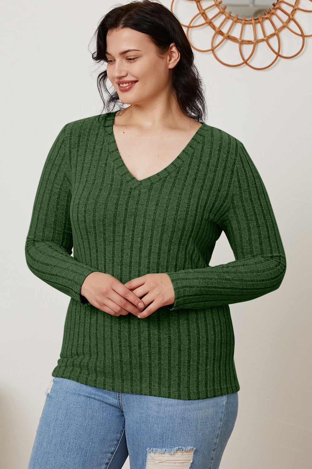 Full Size Ribbed V-Neck Long Sleeve T-Shirt - The Daily Makeover