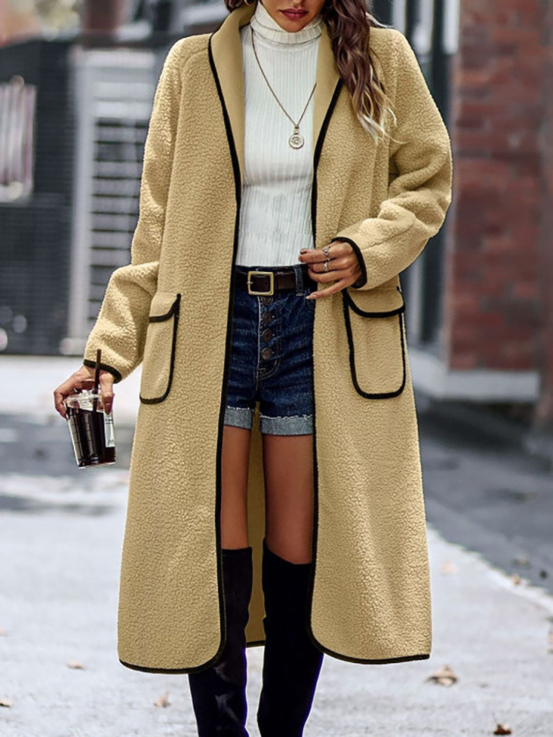 Full Size Contrast Trim Long Sleeve Coat with Pockets - The Daily Makeover