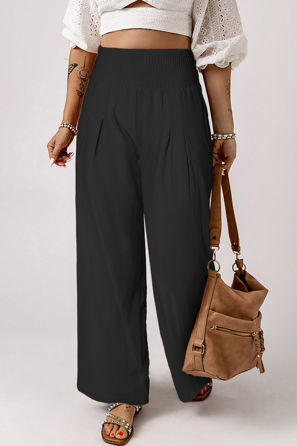 Khaki Smocked Wide Waistband High Waist Wide Leg Pants - The Daily Makeover