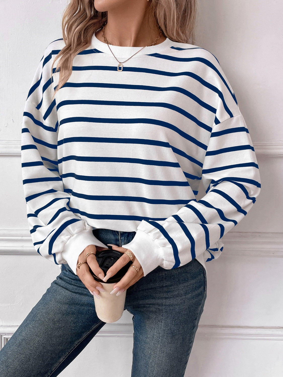 Striped Round Neck Long Sleeve Sweatshirt - The Daily Makeover