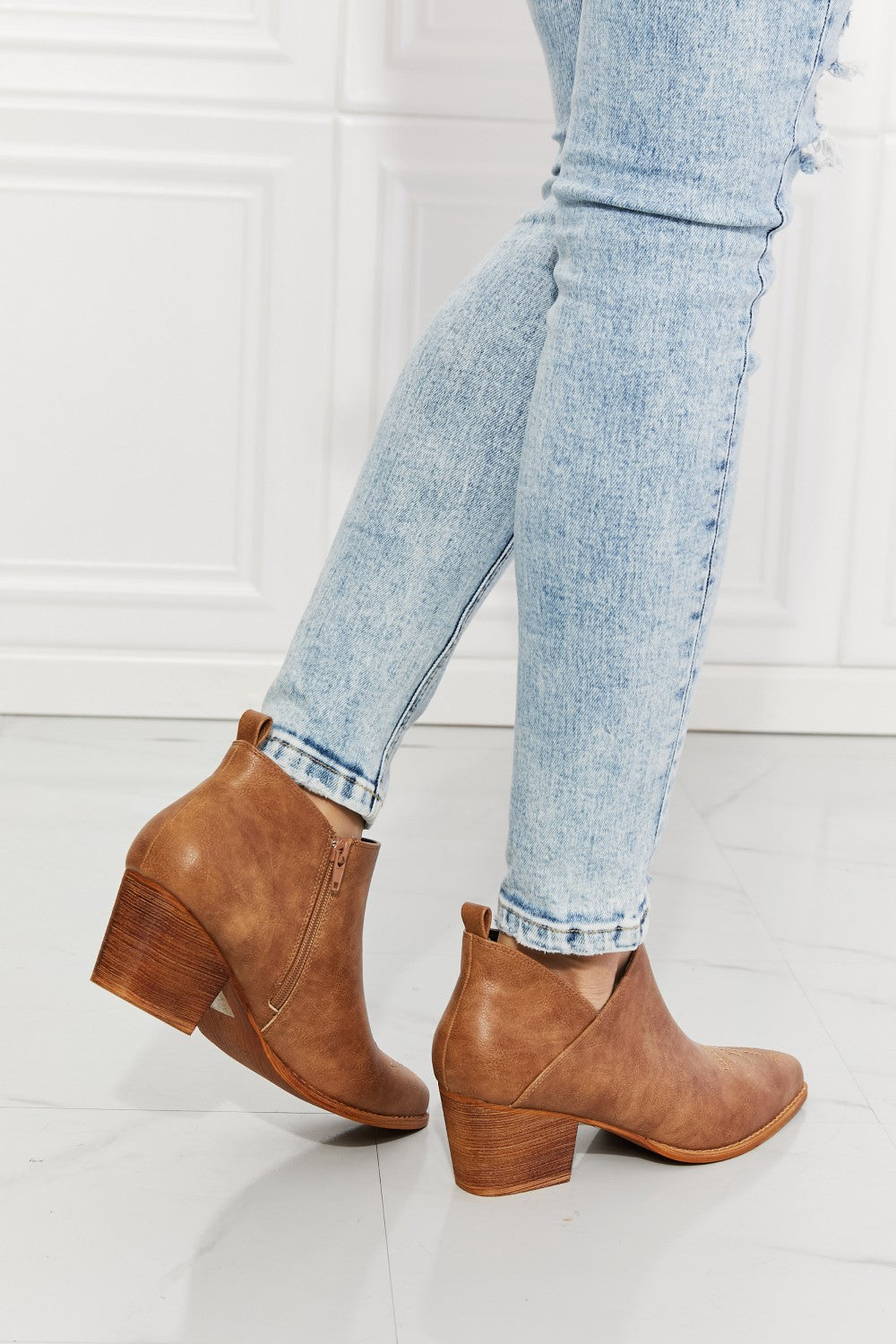 MMShoes Trust Yourself Embroidered Crossover Cowboy Bootie in Caramel - The Daily Makeover
